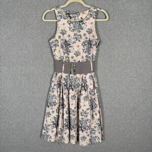 Fervente 80s Dress Medium Mini Floral Stretch Twee‎ Church Peach Gray Easter